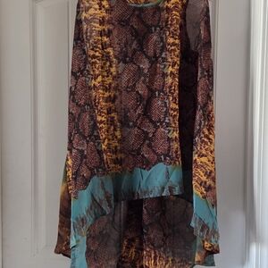 Ashley Stewart Multicolor Snake Print Sheer Blouse with Teal Accent